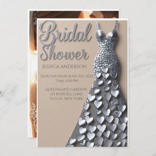 Silver Hearts Bridal Shower Invitation 招待状 (正面/裏面)