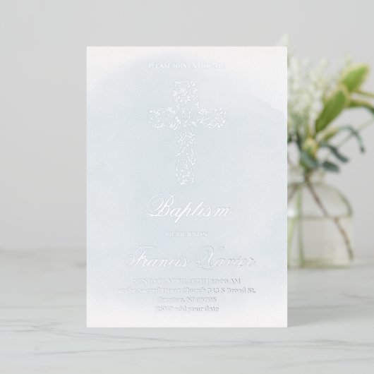 silver Holy cross Baptism 箔招待状 (立ち正面)
