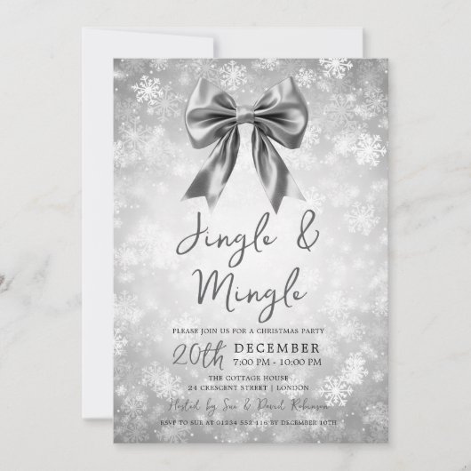 Silver Jingle Mingle Christmas Party Bow Snow  招待状 (正面)
