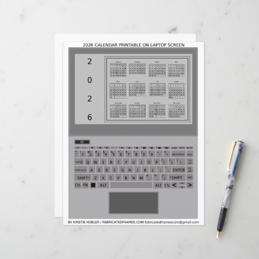 Silver Laptop Keys 2026 Calendar Black Paper Sheet (正面/裏面インサイチュ)