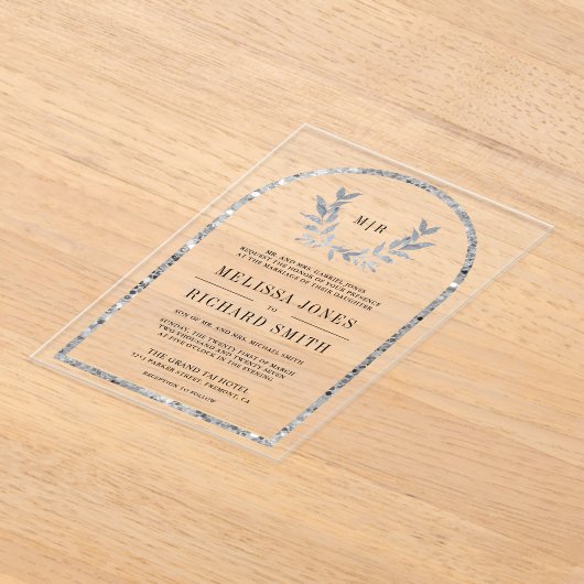 Silver Laurel Wreath Leaves Wedding アクリル招待状 (レイダウン)