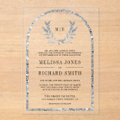 Silver Laurel Wreath Leaves Wedding アクリル招待状 (正面)