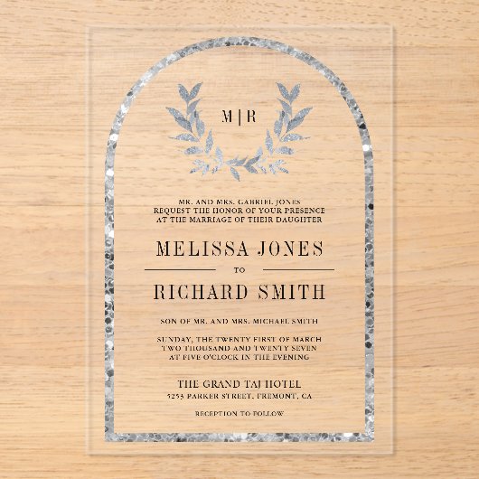 Silver Laurel Wreath Leaves Wedding アクリル招待状 (正面)