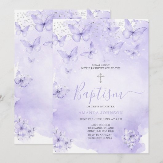 Silver Lavender Butterfly Baptism Purple 招待状 (正面/裏面)