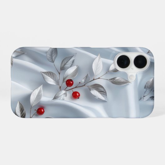 Silver Leaf Red Berry Silk iPhone 16ケース (裏面横)