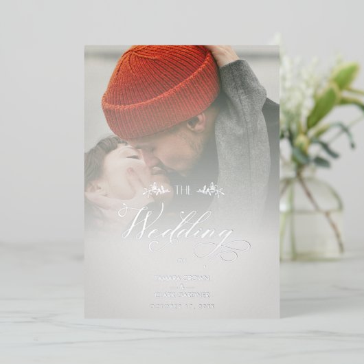 Silver Luxury Modern Transparency Wedding Photo 箔招待状 (立ち正面)