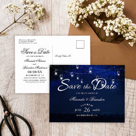 Silver Mason Jar String Lights Blue Save the Date 案内ポストカード
