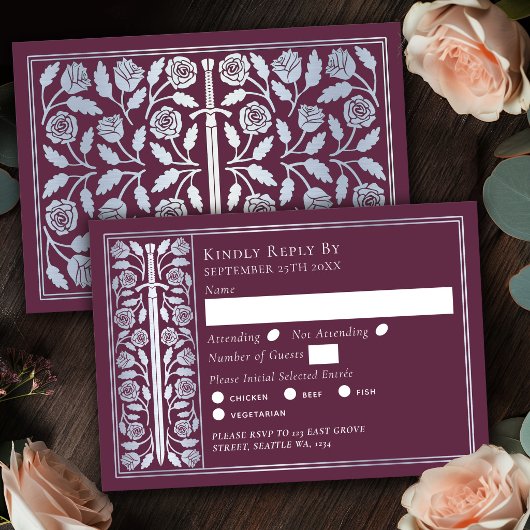 Silver Mauve Medieval Sword Wedding RSVP