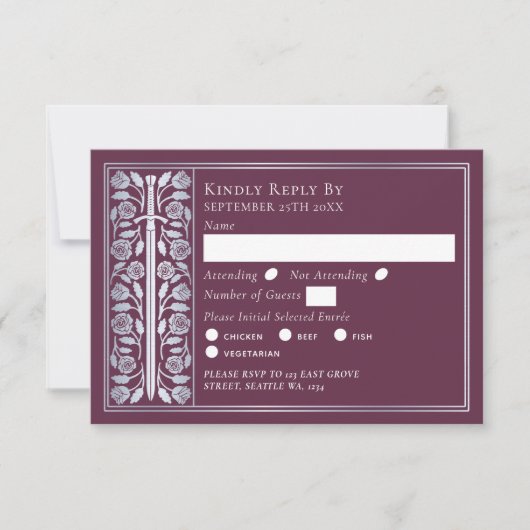 Silver Mauve Medieval Sword Wedding RSVP (正面)