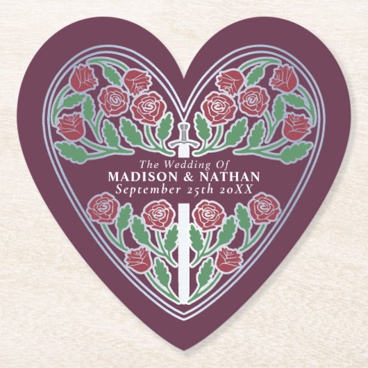 Silver Mauve Royal Medieval Floral Sword Wedding ペーパーコースター (正面)