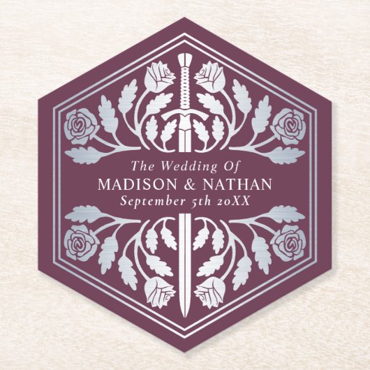 Silver Mauve Royal Medieval Sword Wedding ペーパーコースター (正面)