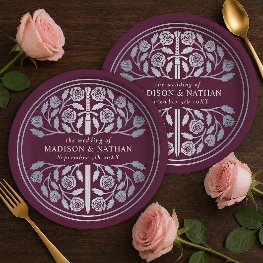 Silver Mauve Royal Medieval Sword Wedding  ペーパープレート