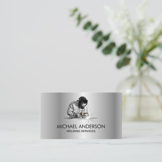 Silver Metal Welding Fabrication Contractor Welder 名刺 (スタンド正面)