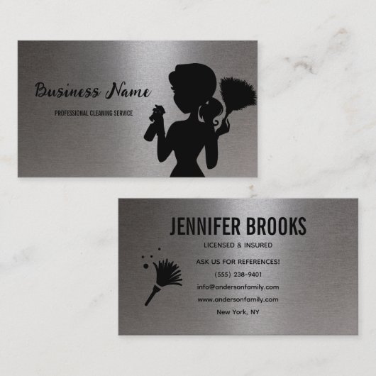 Silver Metallic Cleaning Service Housekeeper Maid 名刺 (正面/裏面)