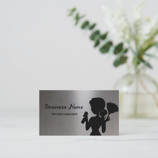Silver Metallic Cleaning Service Housekeeper Maid 名刺 (スタンド正面)