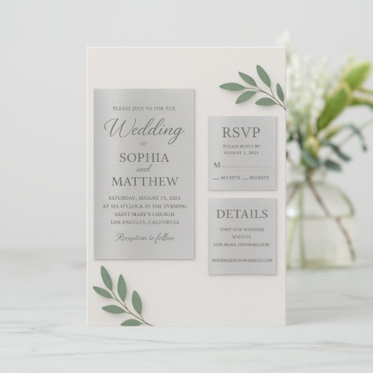 Silver Mirror Acrylic Wedding Invitation Set with  招待状 (スタンド正面)