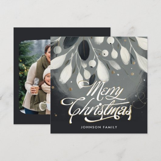 Silver mistletoe wreath Flat Holiday Card シーズンカード (正面/裏面)