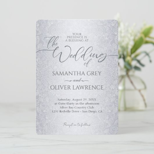 Silver Modern Damask Photo Wedding Invitation 招待状 (スタンド正面)