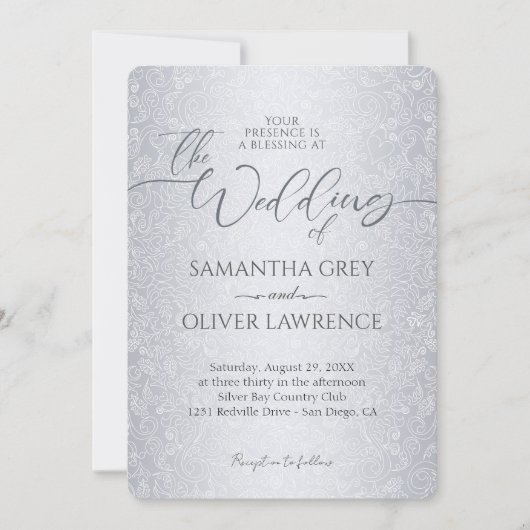 Silver Modern Damask Photo Wedding Invitation 招待状 (正面)