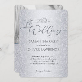 Silver Modern Damask Photo Wedding Invitation 招待状