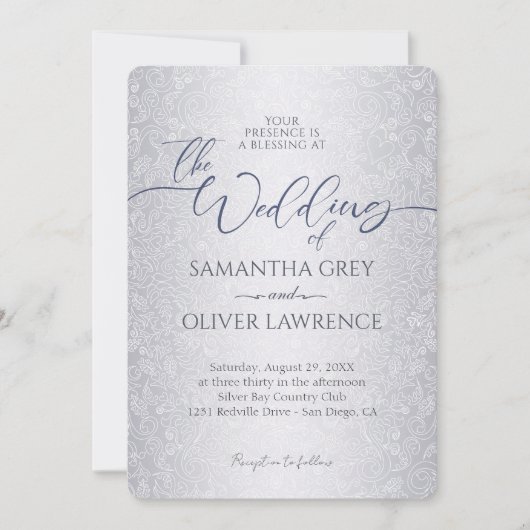 Silver Modern Damask Wedding Invitation 招待状 (正面)