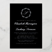 Silver Monogram Wreath Script Black Wedding 箔招待状 (正面)