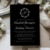 Silver Monogram Wreath Script Black Wedding 箔招待状