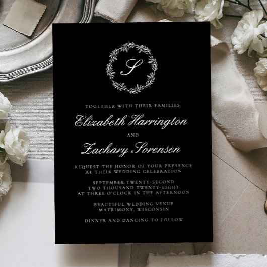 Silver Monogram Wreath Script Black Wedding 箔招待状