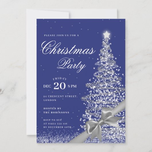 Silver Navy Winter Christmas Tree Bow Holiday  招待状 (正面)