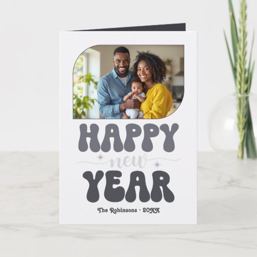 Silver Night Happy New Year Retro Groovy Photo シーズンカード (正面)