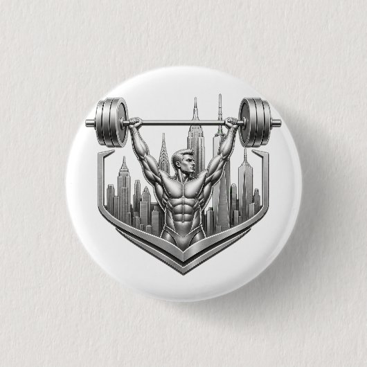 Silver NYC Bodybuilder Logo - Metallic New York Ci 缶バッジ (正面)