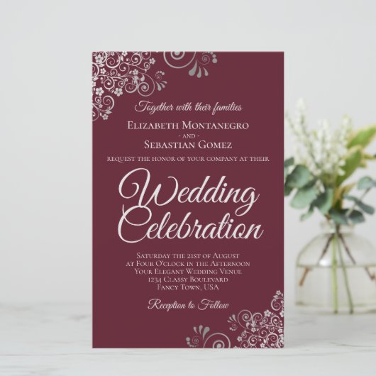 Silver on Burgundy BUDGET Wedding Invite Large (スタンド正面)