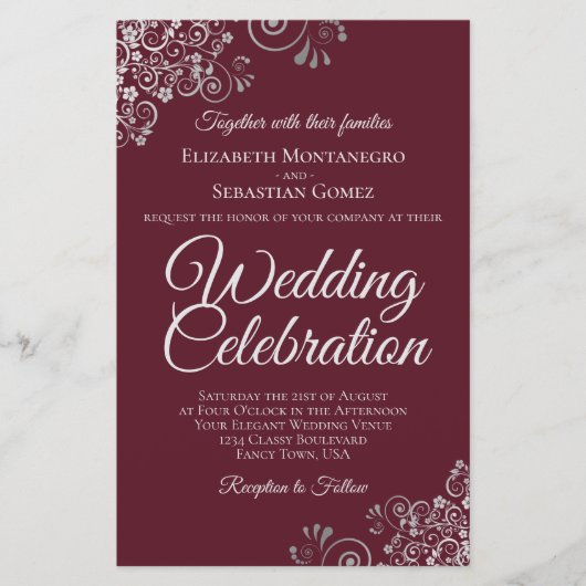 Silver on Burgundy BUDGET Wedding Invite Large (正面)