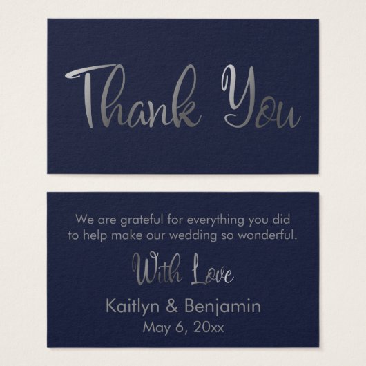 Silver on Navy 結婚's Thank Youメッセージカードカード (正面&裏面)