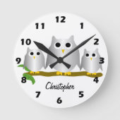 Silver Owls Design Personalised ラウンド壁時計 (正面)