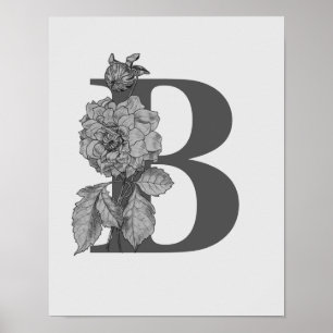 Silver Peony Elegant Monogram Initial B Poster ポスター