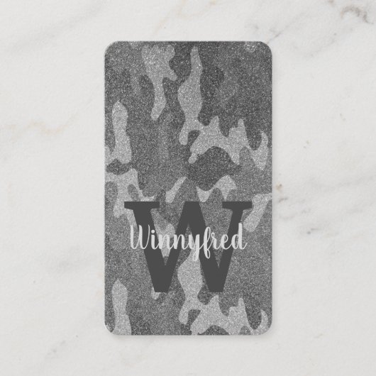 Silver & Pewter Camouflage Glitter Monogrammed 名刺 (正面)