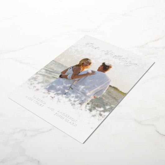 Silver Photo Whimsical Our Wedding Script Real 箔招待状 (回転した状態)