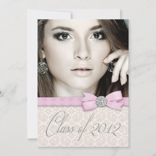 Silver Pink Damask写真卒業発表 招待状 (正面)