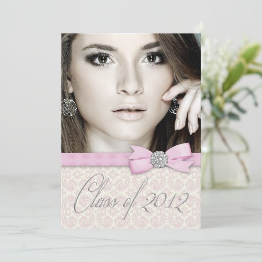 Silver Pink Damask写真卒業発表 招待状 (スタンド正面)
