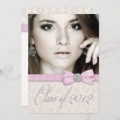 Silver Pink Damask写真卒業発表 招待状 (正面/裏面)