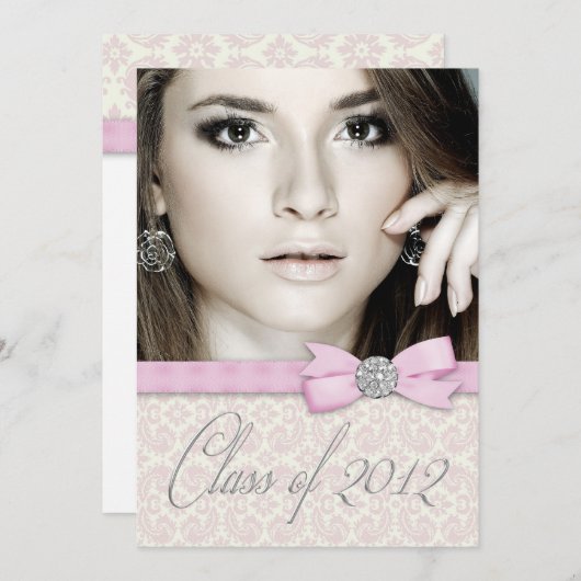 Silver Pink Damask写真卒業発表 招待状 (正面/裏面)