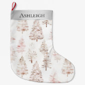 Silver Pink White Christmas Trees  ラージクリスマスストッキング (正面)