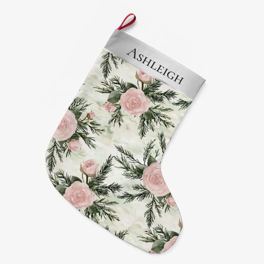 Silver Pink White Flowers Christmas ラージクリスマスストッキング (正面 (吊り時))