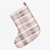 Silver Pink White Plaid Stripes Christmas  ラージクリスマスストッキング (裏面 (吊り時))