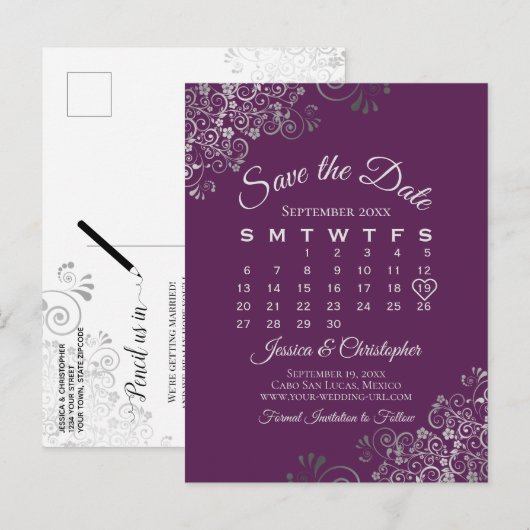 Silver Plum Purple Wedding Save the Date Calendar 案内ポストカード (正面/裏面)