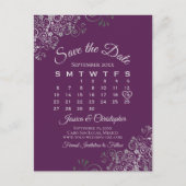 Silver Plum Purple Wedding Save the Date Calendar 案内ポストカード (正面)