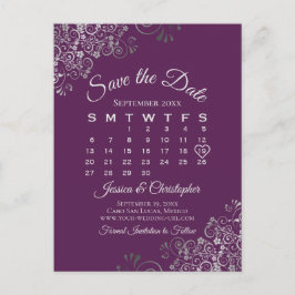 Silver Plum Purple Wedding Save the Date Calendar 案内ポストカード
