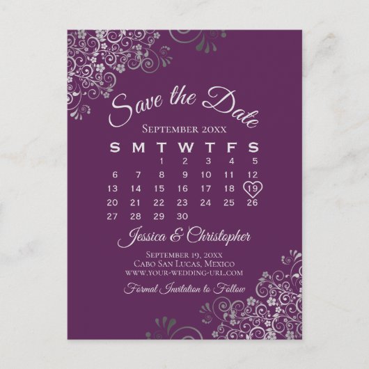 Silver Plum Purple Wedding Save the Date Calendar 案内ポストカード (正面)