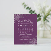 Silver Plum Purple Wedding Save the Date Calendar 案内ポストカード (スタンド正面)